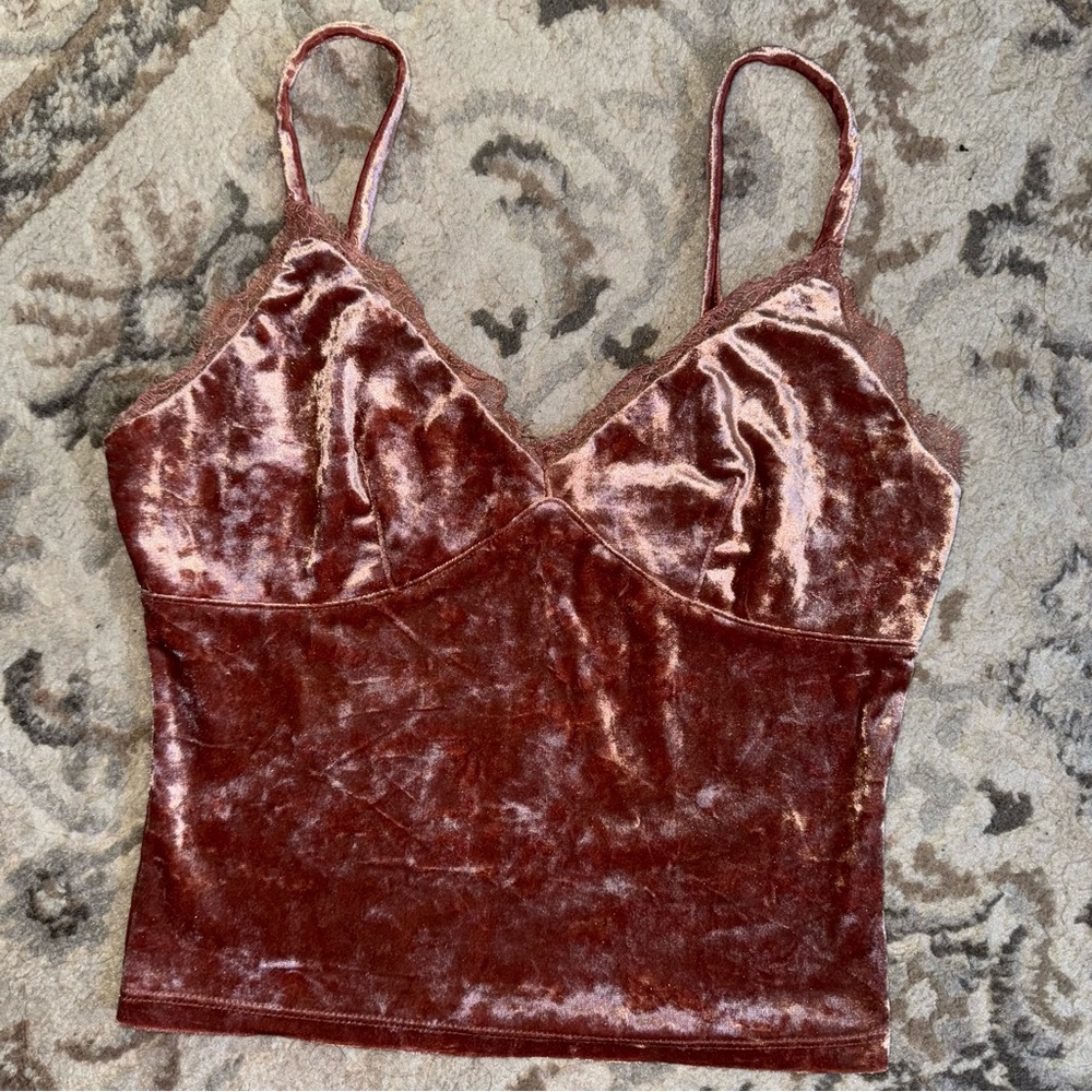 Forever 21 Crushed Velvet Lace Trim Pink Brown Cami‎ Cropped Top Women's Size S